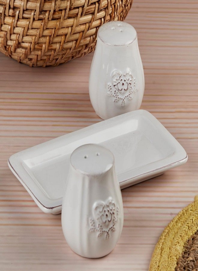Kookee Ceramic Salt and Pepper Shakers Set with Tray - Elegant Namak Dani, Spice Sprinkler & Dispenser for Dining Table, Kitchen & Restaurant Use, White (10656) - Image 3